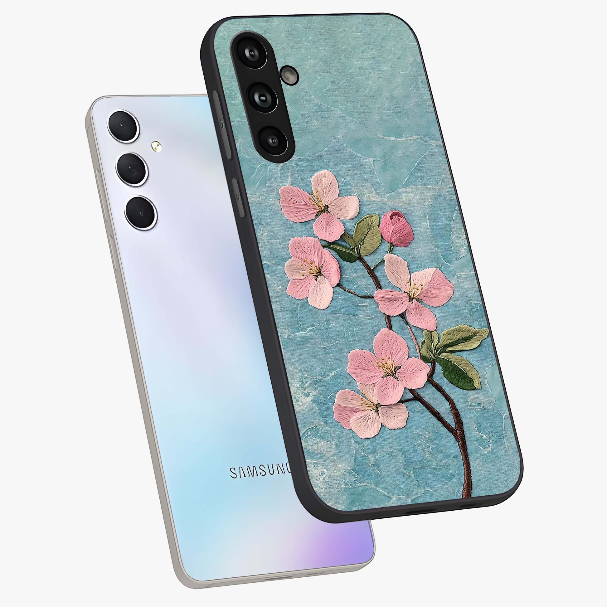Threaded Blossom Breeze Glass Case displayed in angled mockup highlighting elegant floral design with soft aesthetic style.