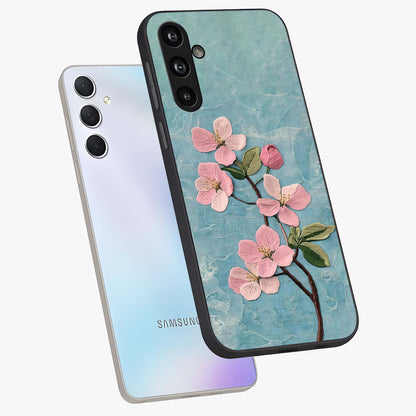 Threaded Blossom Breeze Glass Case displayed in angled mockup highlighting elegant floral design with soft aesthetic style.