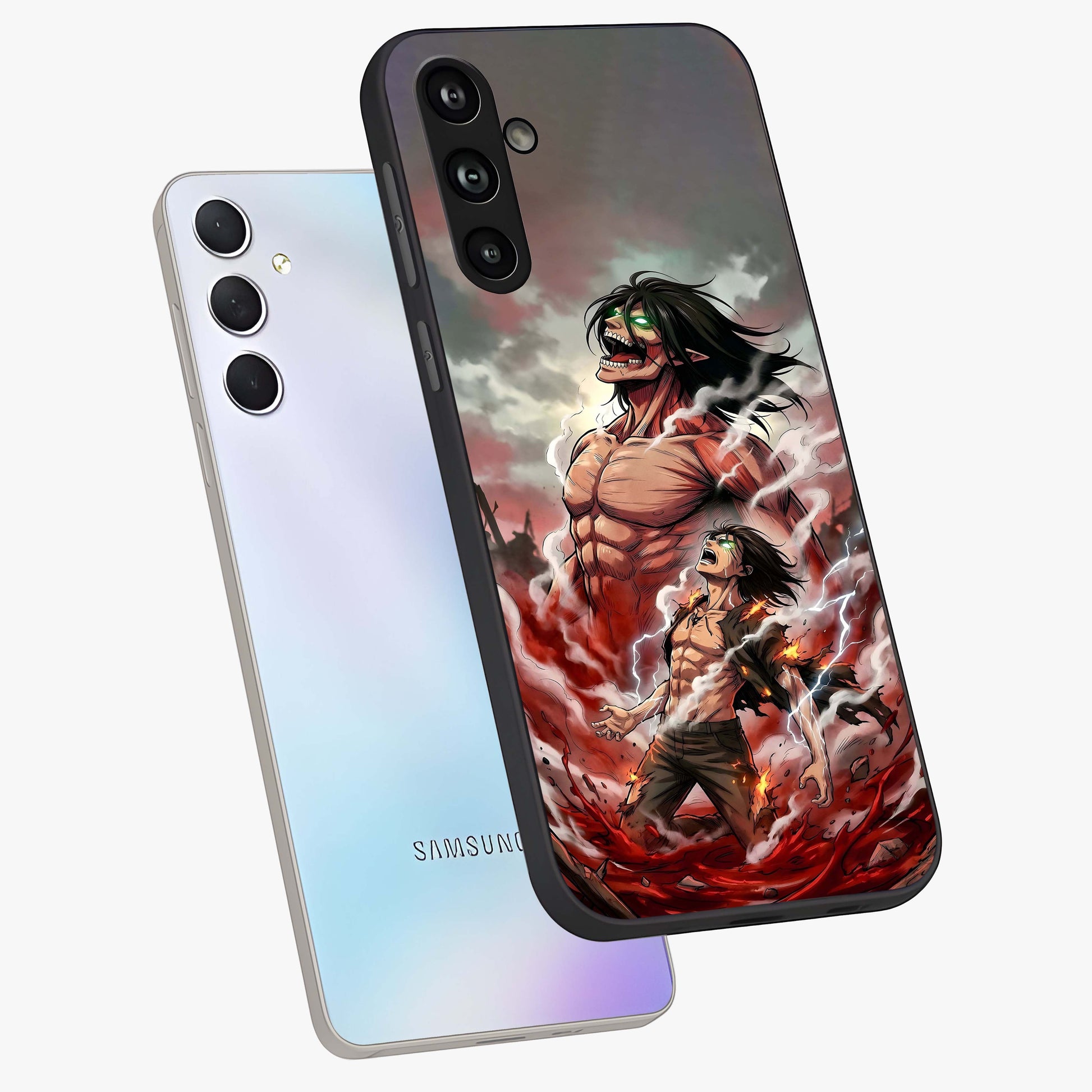 Titan Awakening Fury Glass Case displayed in angled mockup highlighting dramatic giant warrior design with bold anime aesthetic.