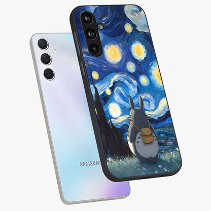 Totoro In Van Gogh Art Glass Case displayed in angled mockup highlighting artistic swirling sky design with playful animation aesthetic.