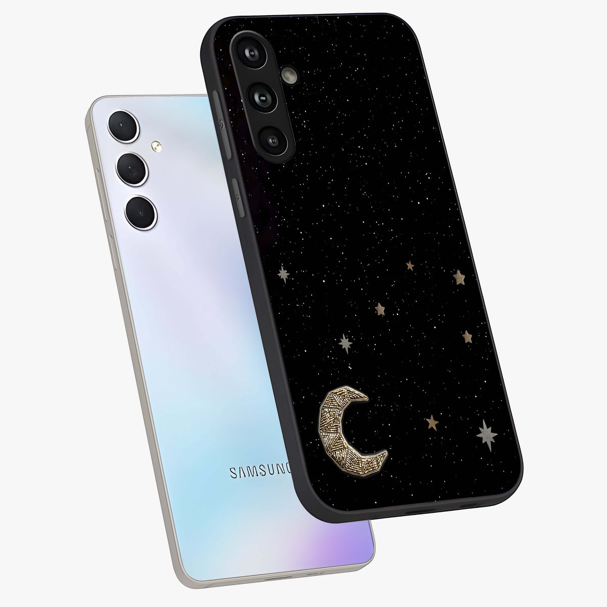 Twinkle Star With Half Moon Glass Case displayed in angled mockup highlighting celestial moon and star design with magical aesthetic.