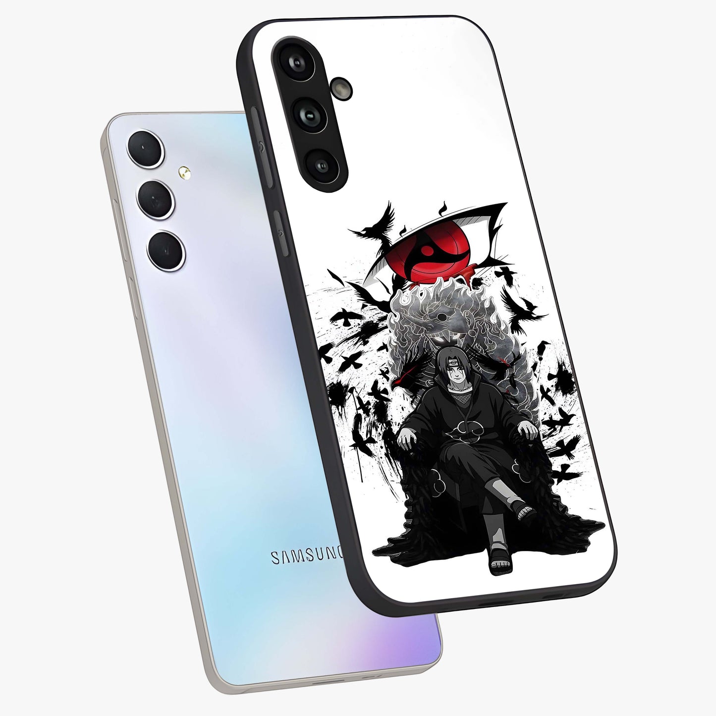 Uchiha Shadow Throne Glass Case displayed in angled mockup highlighting glowing aquatic design with celestial aesthetic.