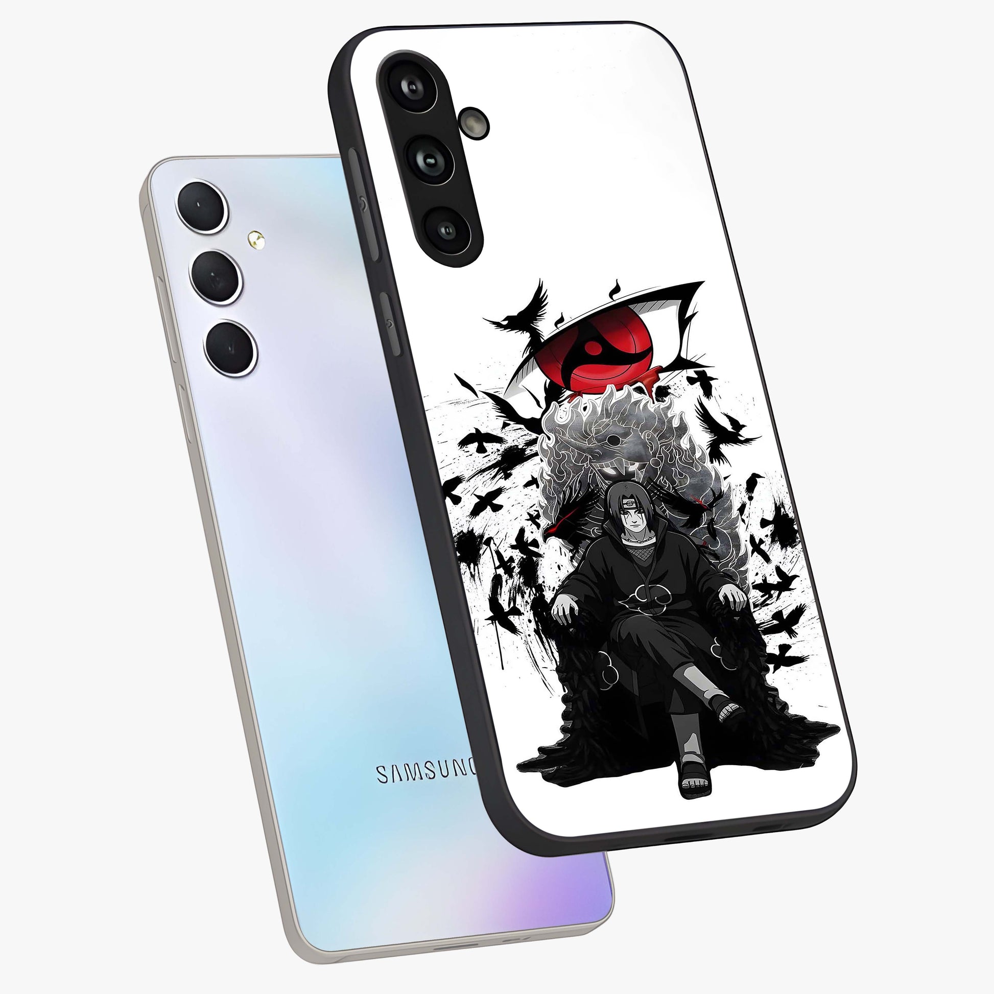 Uchiha Shadow Throne Glass Case displayed in angled mockup highlighting glowing aquatic design with celestial aesthetic.