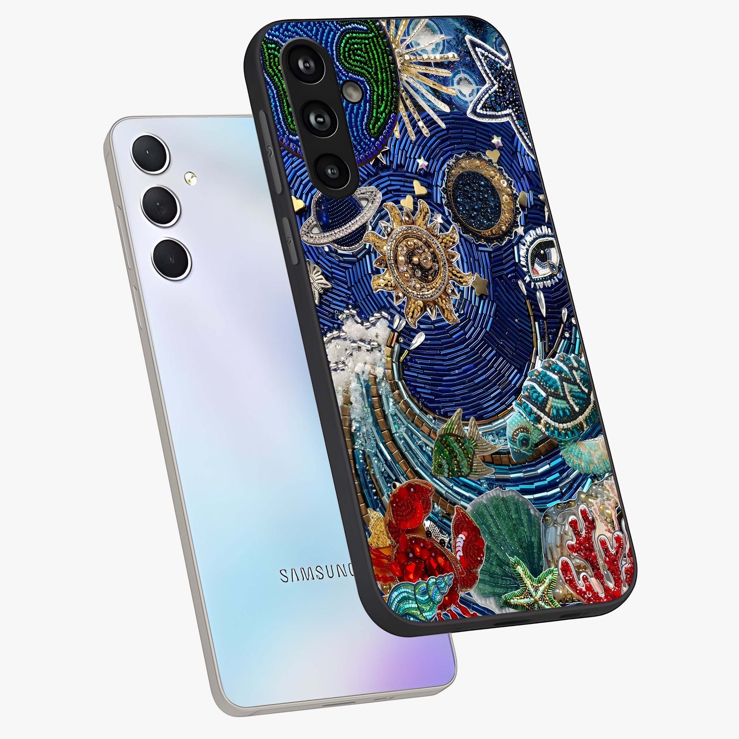 Universe Underwater Spark Glass Case displayed in angled mockup highlighting glowing aquatic design with celestial aesthetic.