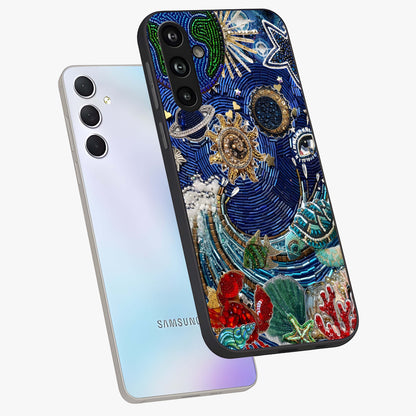 Universe Underwater Spark Glass Case displayed in angled mockup highlighting glowing aquatic design with celestial aesthetic.