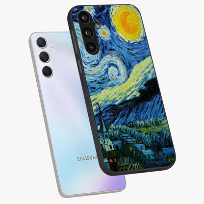 Van Gogh Art Glass Case displayed in angled mockup highlighting swirling brushstroke design with artistic aesthetic.