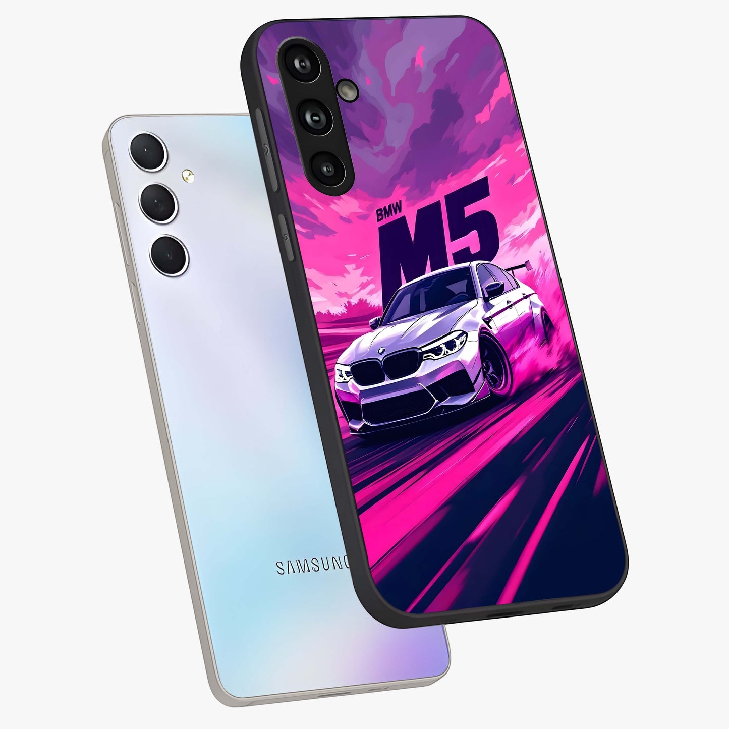 Velocity Drift Pulse Glass Case displayed in angled mockup highlighting dynamic drift design with sporty automotive aesthetic.