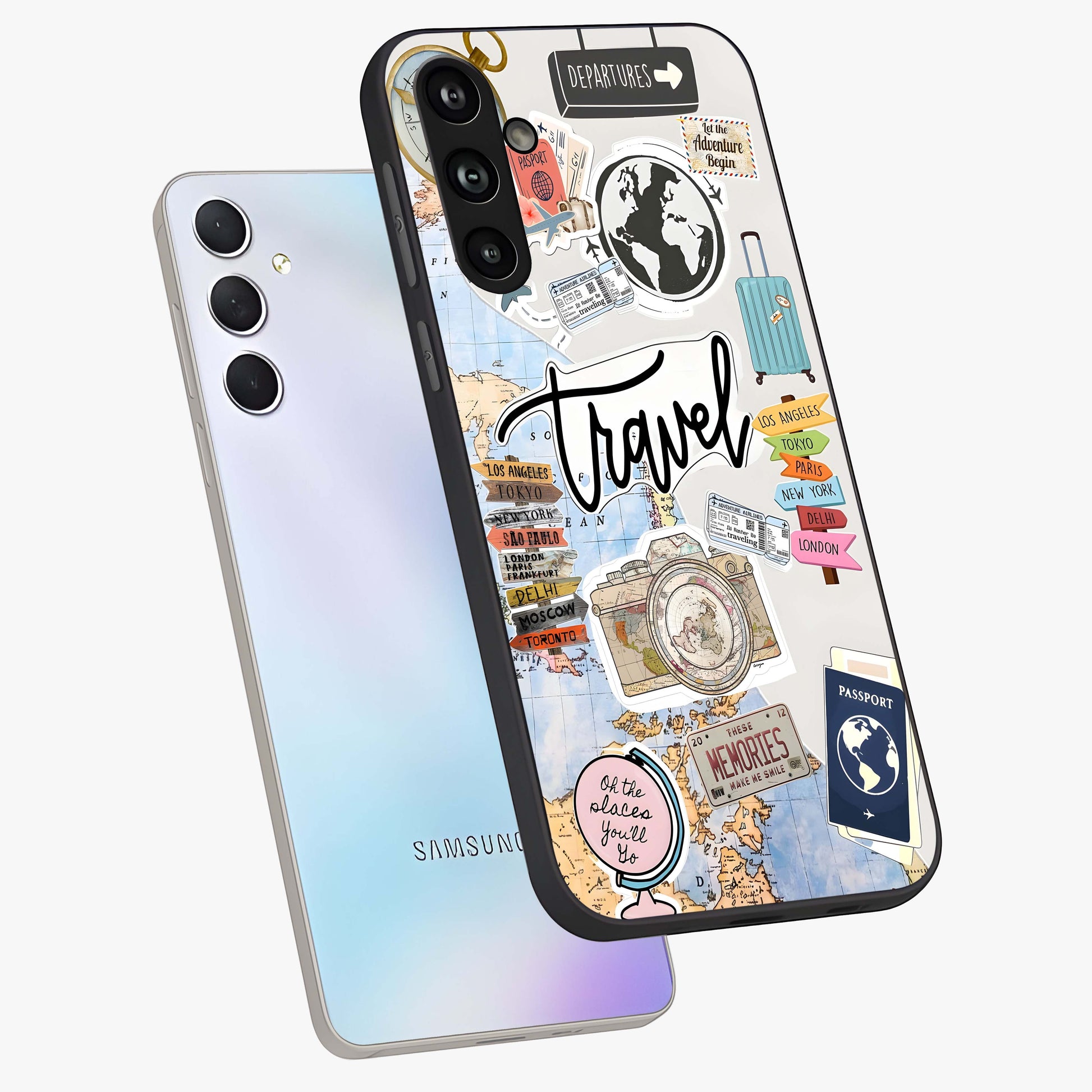 Wanderlust Journal Glass Case displayed in angled mockup highlighting adventure themed design with aesthetic travel vibe.