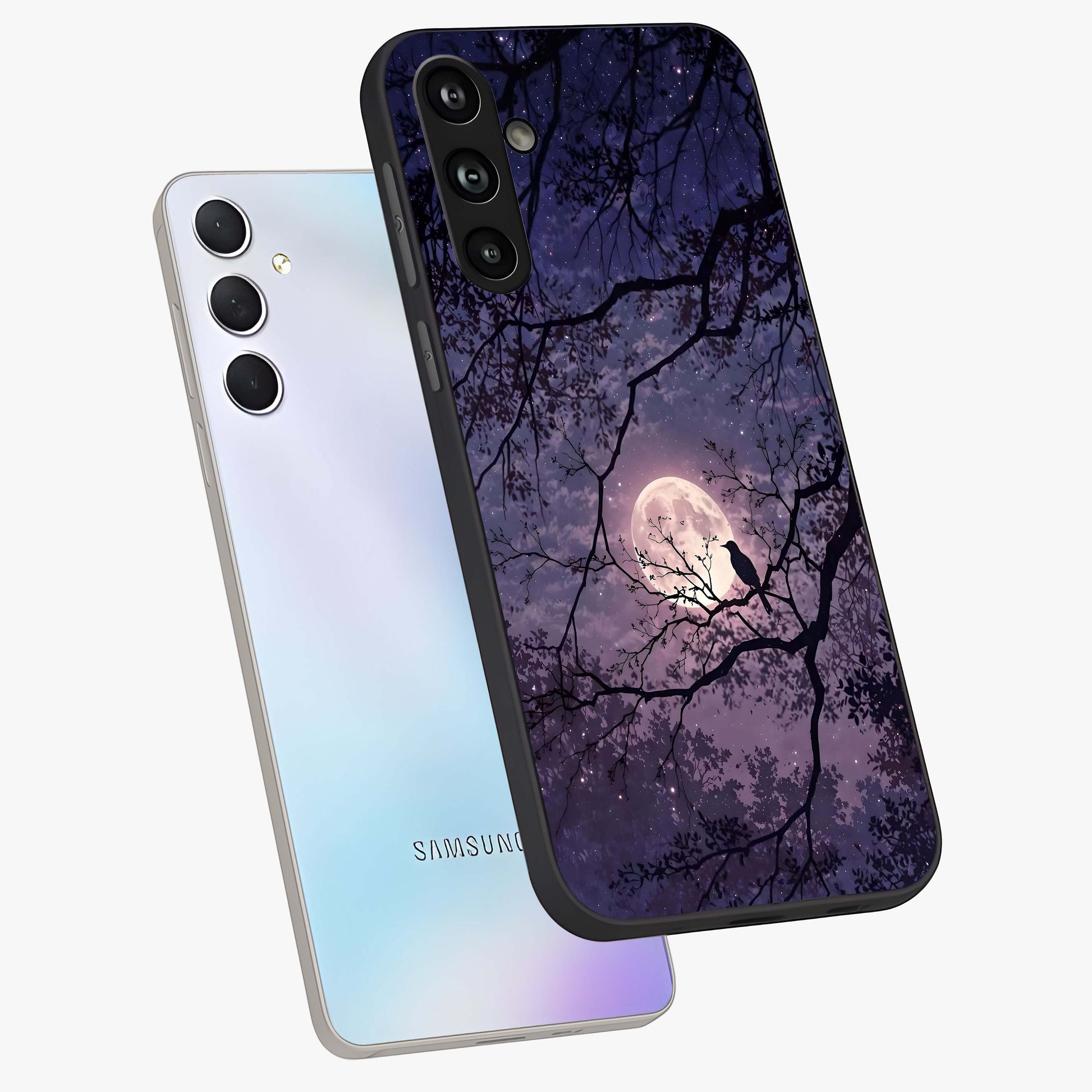 Whispering Moon Silence Glass Case displayed in angled mockup highlighting calm lunar design with dreamy night aesthetic.