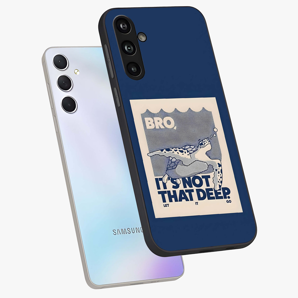 Worry Less Swim Glass Case displayed in angled mockup highlighting fun typography design with relaxed aesthetic style.
