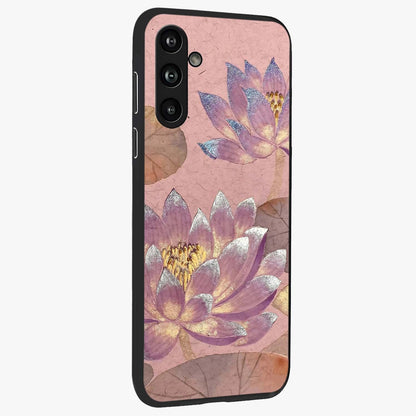 Blossom Mist Lotus Glass Case upright view showcasing graceful lotus flower design with peaceful botanical style.