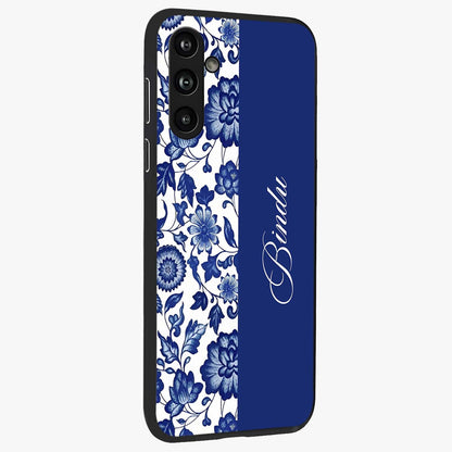 Blue Vintage Floral Pattern Glass Case upright view showcasing delicate blush floral texture with modern minimal style.