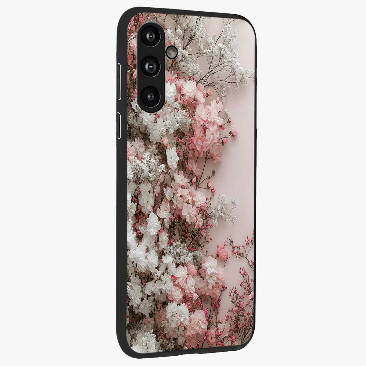 Blush Blossom Cloud Glass Case upright view showcasing calm floral cloud artwork with gentle dreamy theme.