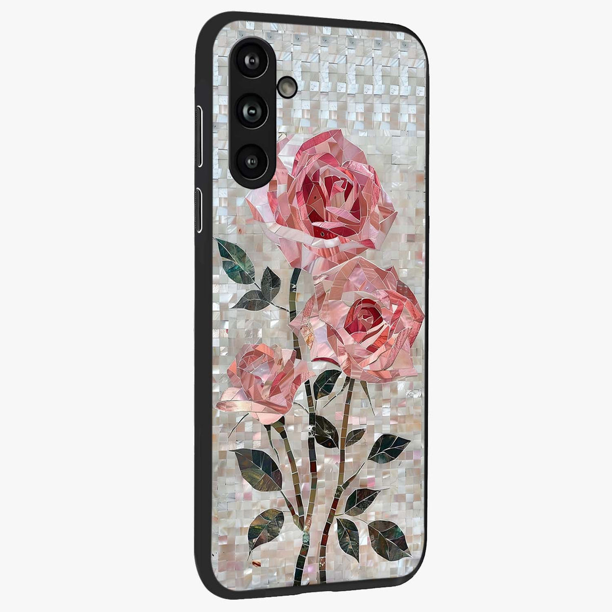 Blush Mosaic Bloom Glass Case upright view showcasing decorative floral mosaic artwork with stylish modern aesthetic.