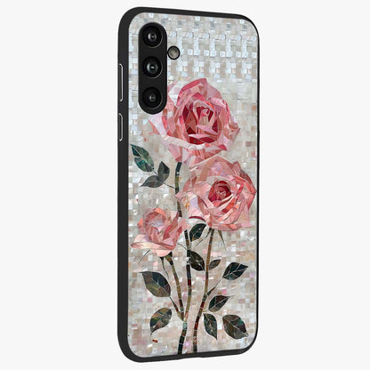 Blush Mosaic Bloom Glass Case upright view showcasing decorative floral mosaic artwork with stylish modern aesthetic.