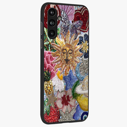 Celestial Floral and Playful Glass Case upright view showcasing whimsical floral artwork with cosmic aesthetic theme.