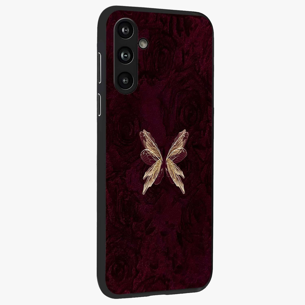 Crimson Fade Butterfly Glass Case upright view showcasing graceful butterfly artwork with soft crimson fade effect.