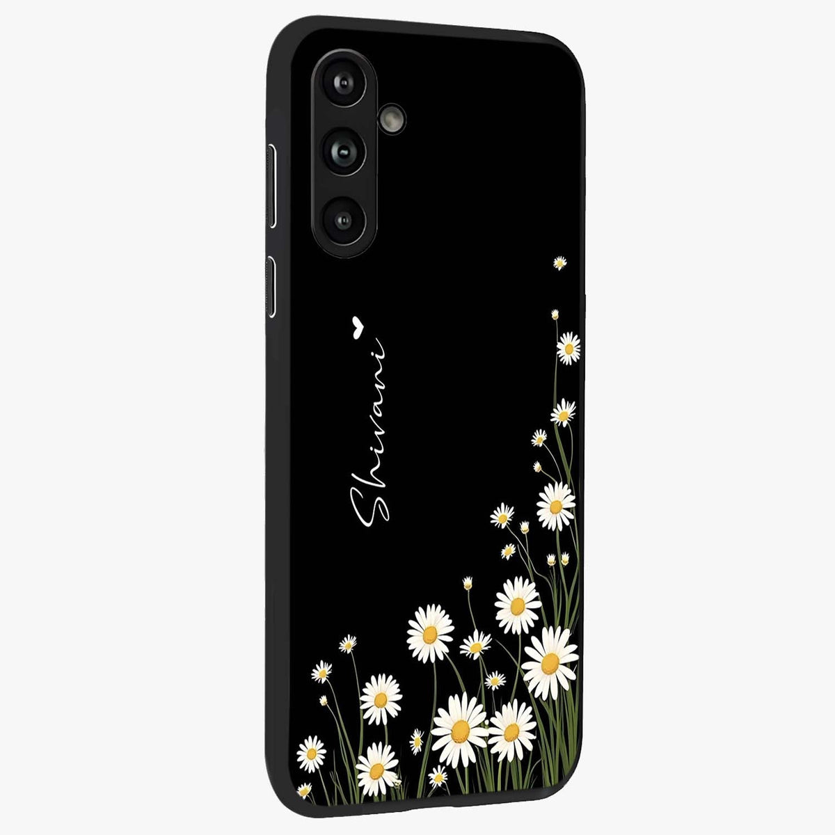 Daisy Cascade Custom Name Glass Case upright view showcasing elegant floral cascade design with personalized aesthetic.