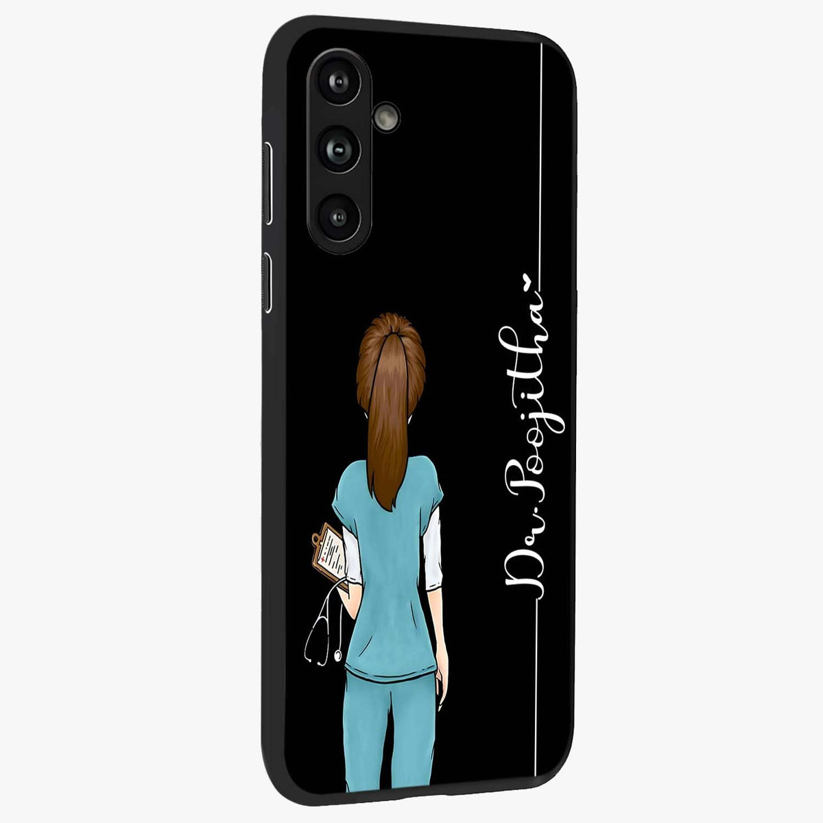Doctor Pattern Custom Name Glass Case upright view showcasing healthcare themed design with personalized aesthetic.