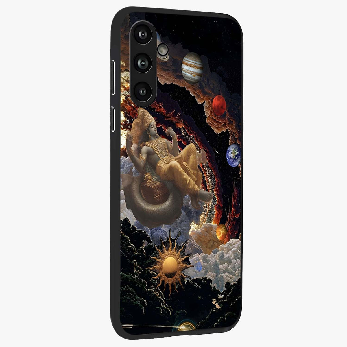 Galactic Divine God Glass Case upright view showcasing mystical divine artwork with dramatic cosmic theme.