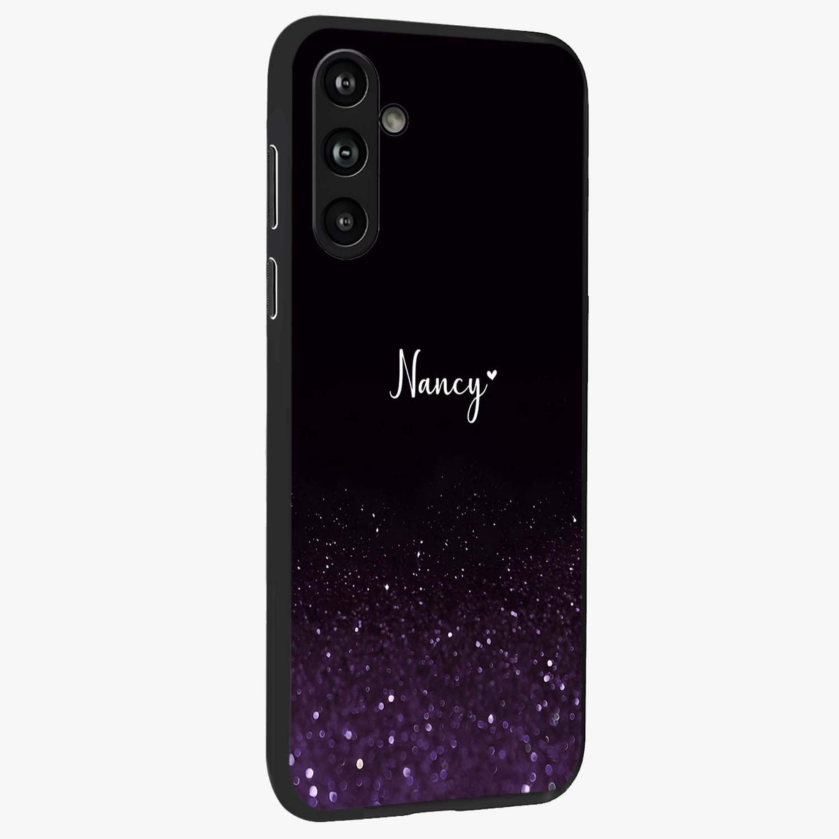 Glittery Purple Bokeh Custom Name Glass Case upright view showcasing vibrant purple sparkle artwork with personalized aesthetic style.