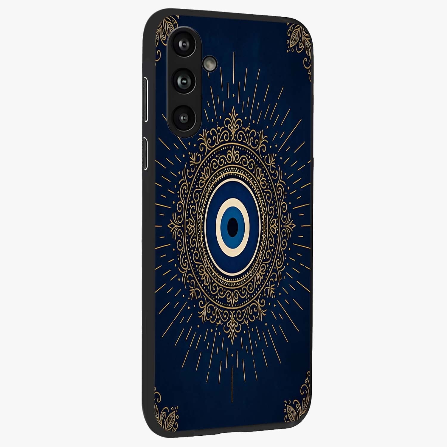 Golden Celestial Charm Glass Case upright view showcasing radiant celestial artwork with elegant golden theme.
