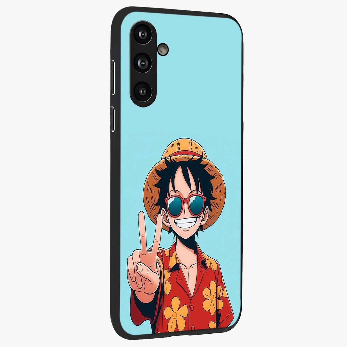 Luffy Summer Anime Vibe Glass Case upright view showcasing dynamic anime artwork with bright adventurous theme.