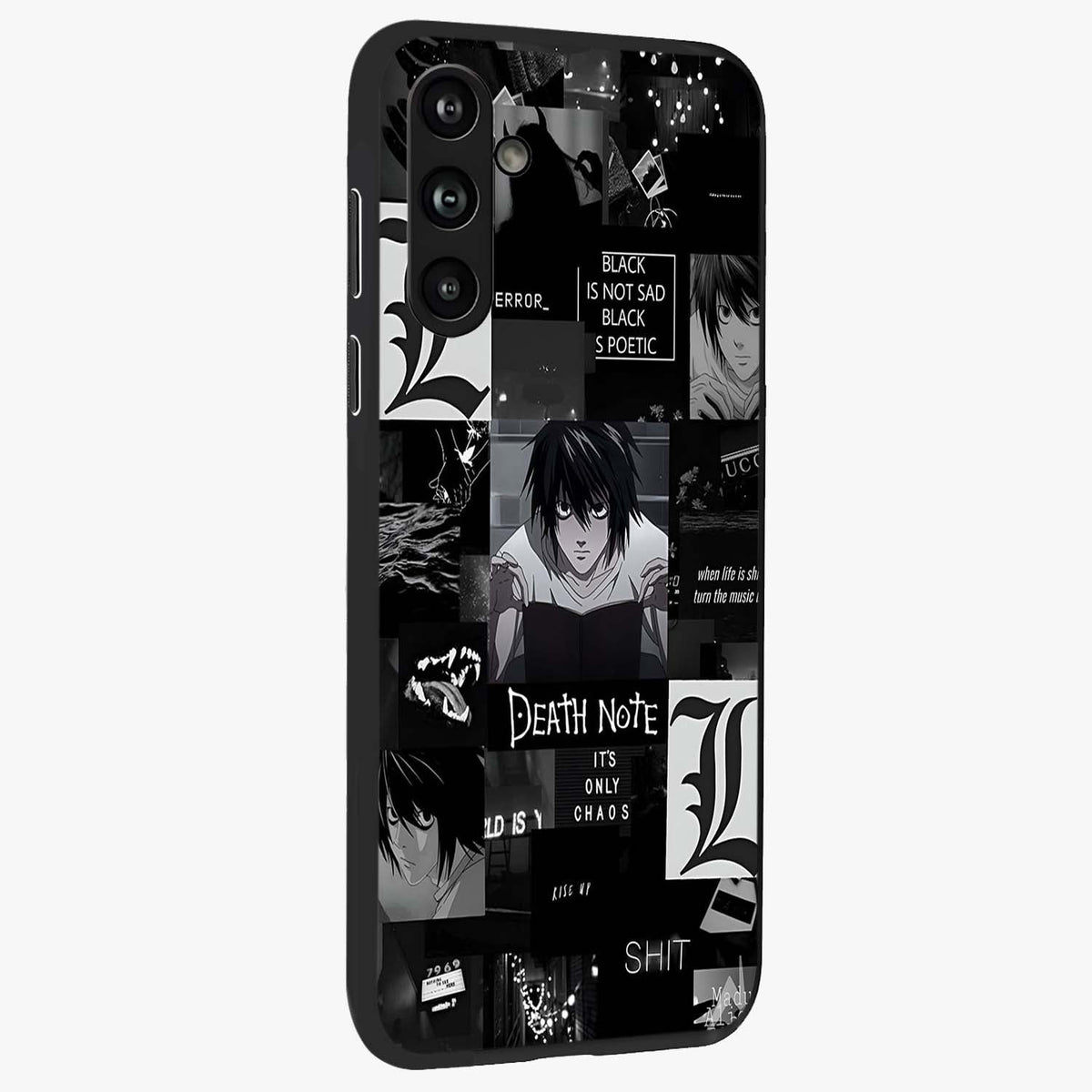 Midnight Chaos Mind Glass Case upright view showcasing expressive abstract artwork with bold dark theme.