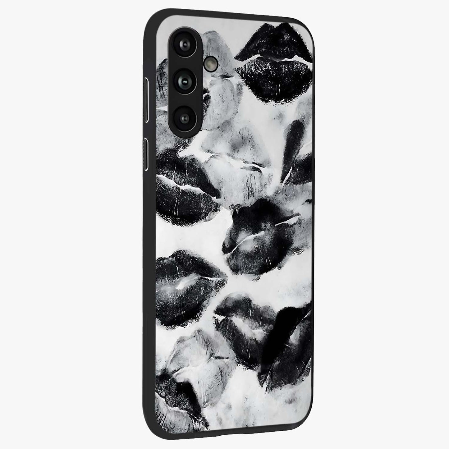 Midnight Kiss Marks Glass Case upright view showcasing stylish kiss mark artwork with trendy romantic theme.
