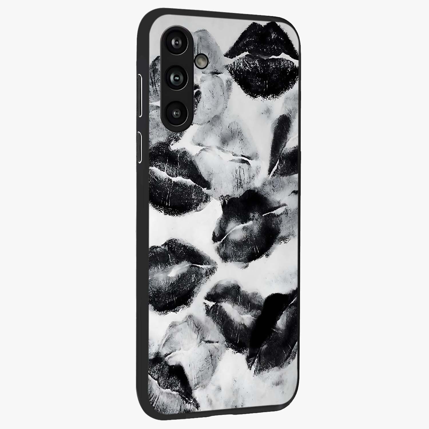Midnight Kiss Marks Glass Case upright view showcasing stylish kiss mark artwork with trendy romantic theme.