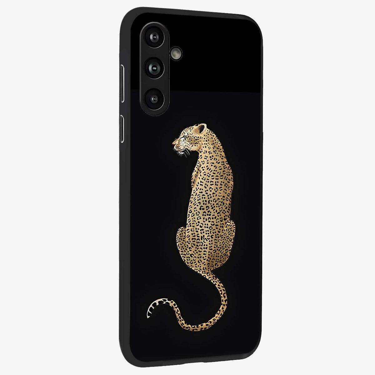 Regal Leopard Glass Case upright view showcasing striking leopard artwork with fierce wildlife theme.