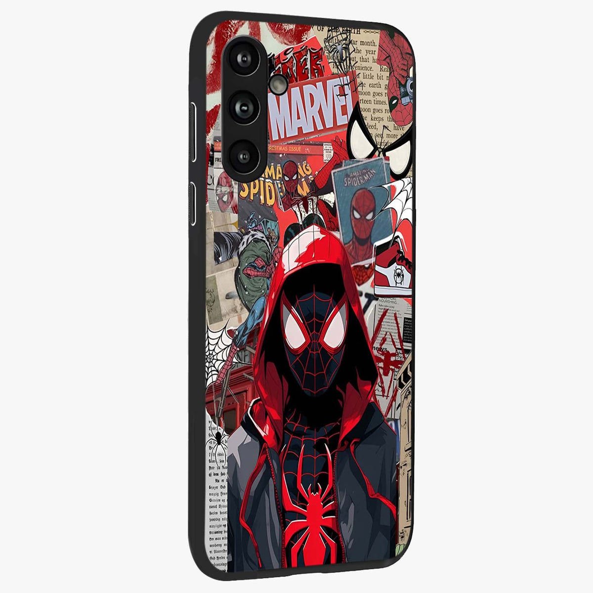 Spider Collage Street Glass Case upright view showcasing bold superhero artwork with urban street theme.