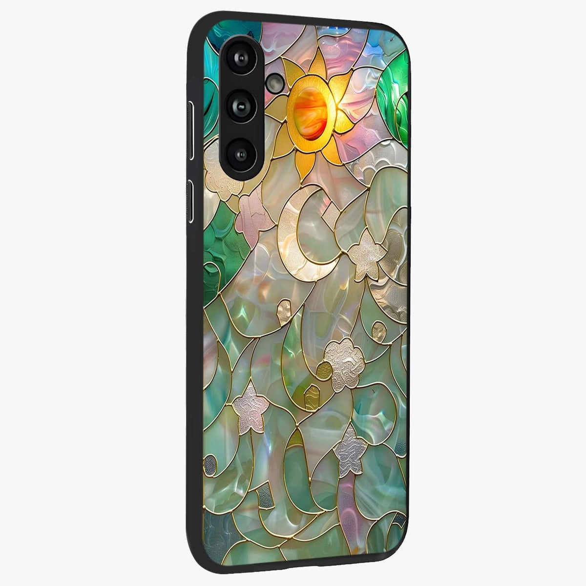 Stained Sunrise Glow Glass Case upright view showcasing colorful sunrise artwork with warm morning theme.