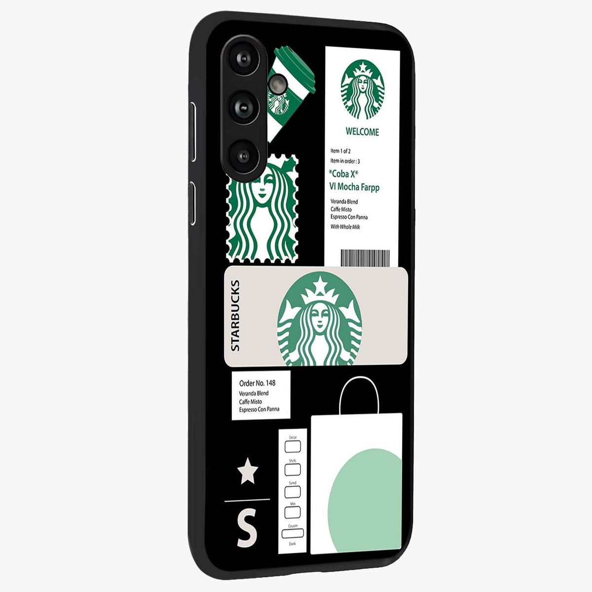 Starbucks Mocha Glass Case upright view showcasing trendy coffee inspired artwork with modern lifestyle theme.