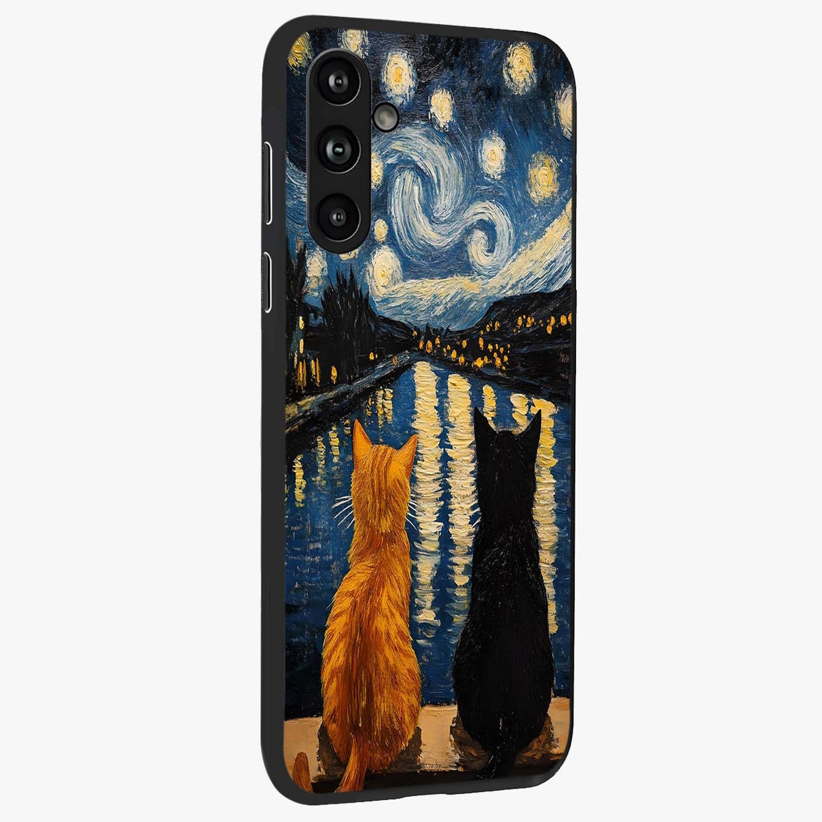 Starry River Cats Glass Case upright view showcasing adorable cat artwork with magical river and stars theme.