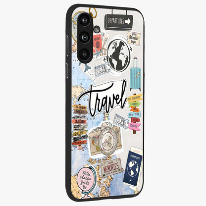 Wanderlust Journal Glass Case upright view showcasing wanderlust inspired artwork with creative exploration theme.