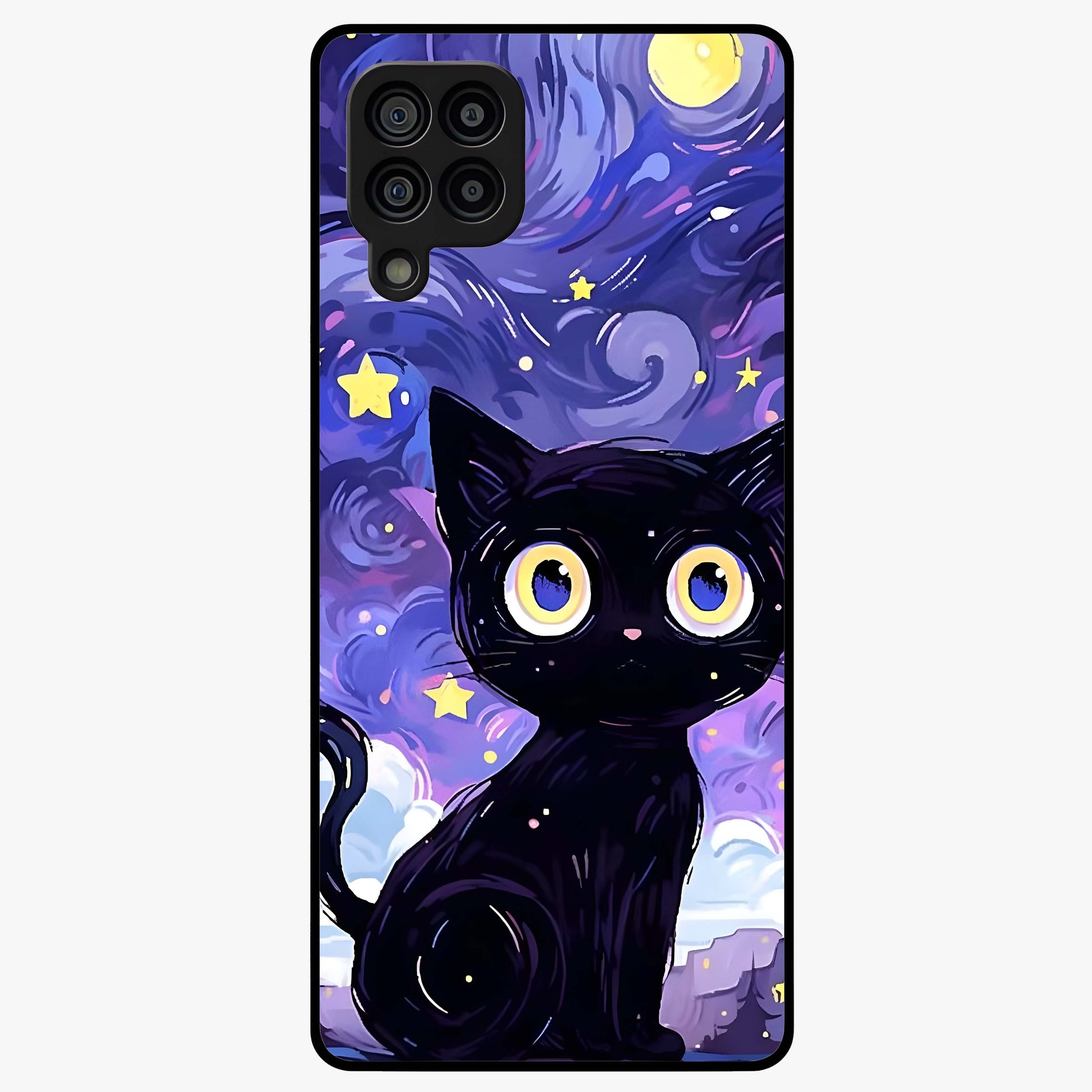 Abstract Cat Art Glass Case showing flat back view with artistic cat illustration and glossy glass finish.