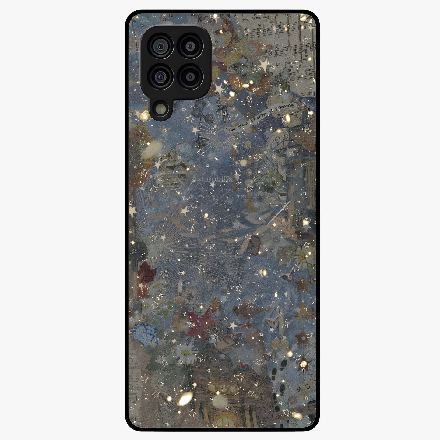 Aesthetic Astrolophia Glass Case showing flat back view with dreamy aesthetic design and glossy glass finish.