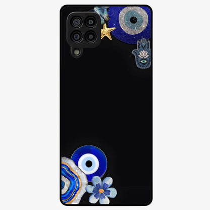 Aesthetic Blue Evil Eye Glass Case showing flat back view with protective evil eye artwork and glossy glass finish.