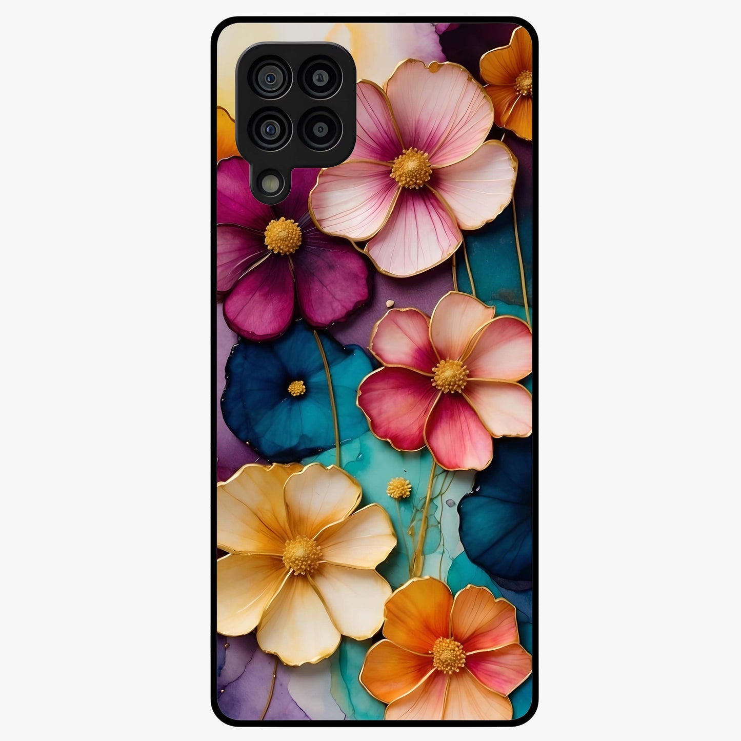 Artlyn Grace Flower Pattern Glass Case showing flat back view with elegant floral pattern artwork and glossy glass finish.