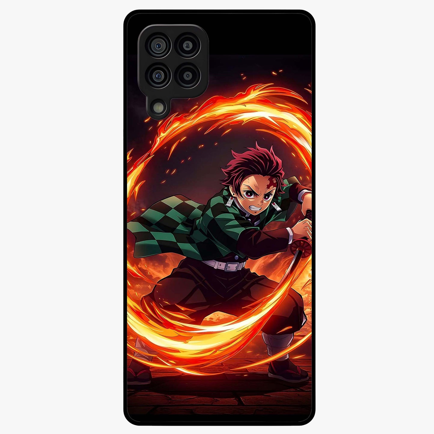 Blazing Sword Resolve Glass Case showing flat back view with fiery sword artwork and glossy glass finish.