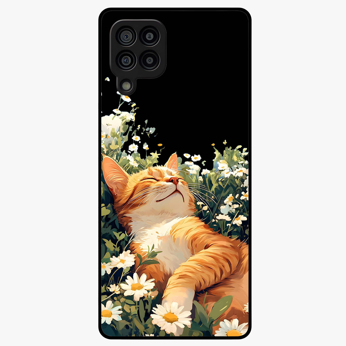 Blissful Bloom Cat Glass Case showing flat back view with cute cat and floral bloom artwork and glossy glass finish.