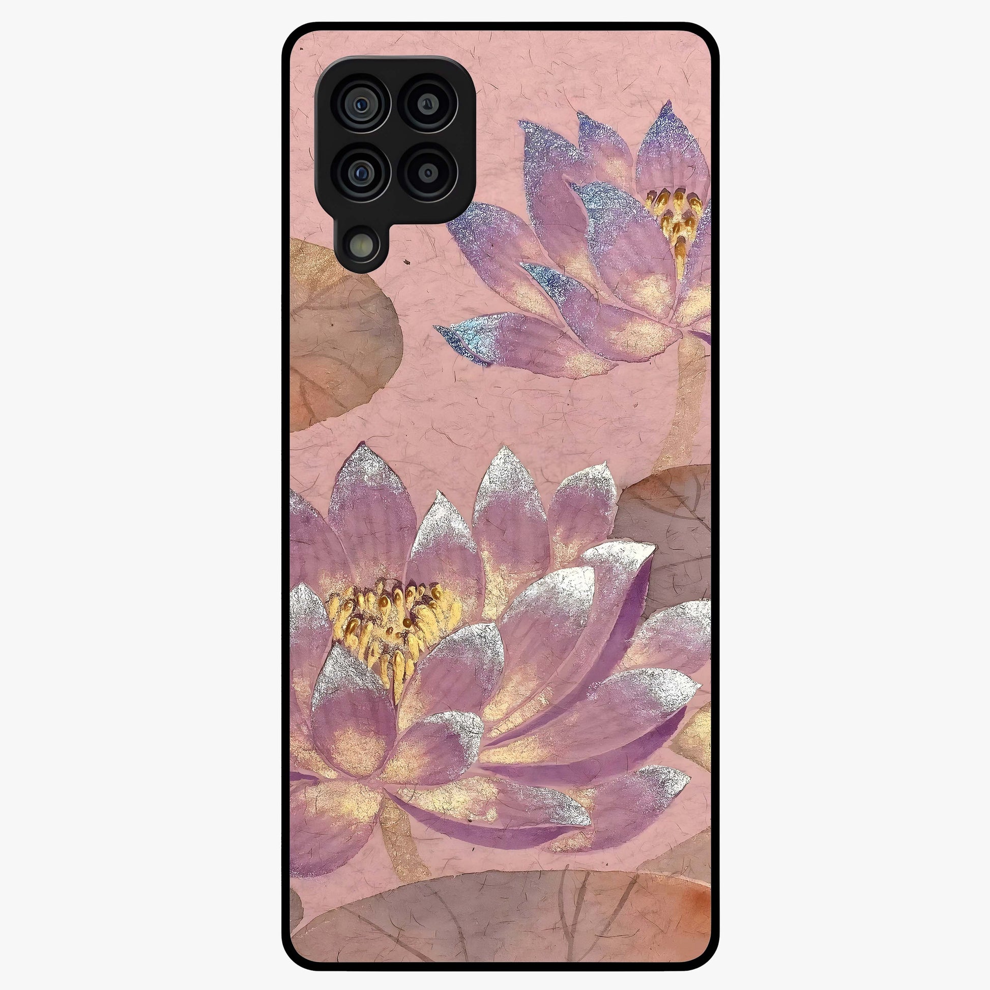 Blossom Mist Lotus Glass Case showing flat back view with serene lotus blossom artwork and glossy glass finish.