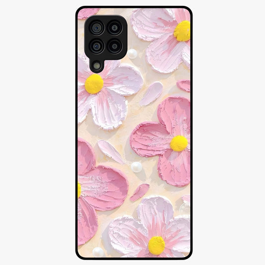 Blush Bloom Texture Glass Case showing flat back view with soft blush floral texture artwork and glossy glass finish.