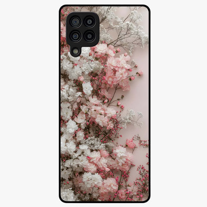 Blush Blossom Cloud Glass Case showing flat back view with dreamy blush cloud blossom artwork and glossy glass finish.