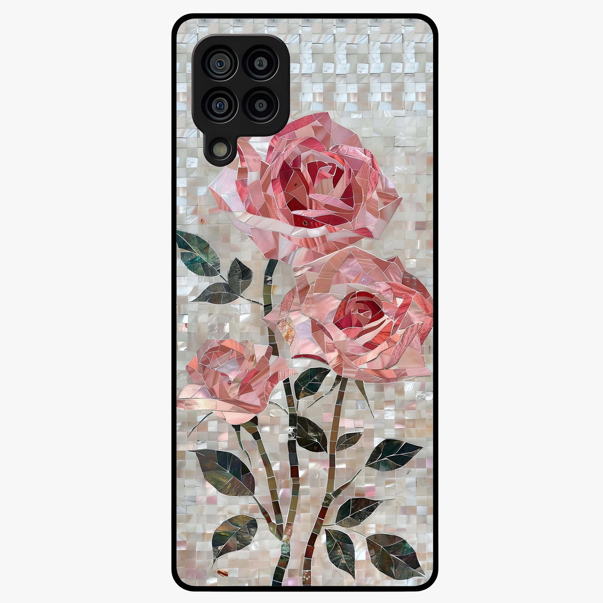 Blush Mosaic Bloom Glass Case showing flat back view with mosaic floral bloom artwork and glossy glass finish.