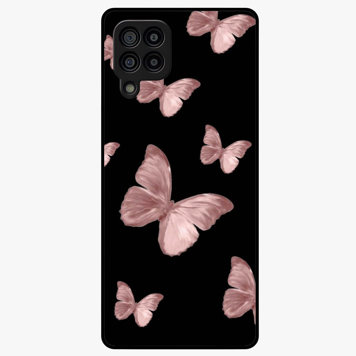Butterfly Pattern Glass Case showing flat back view with elegant butterfly pattern artwork and glossy glass finish.