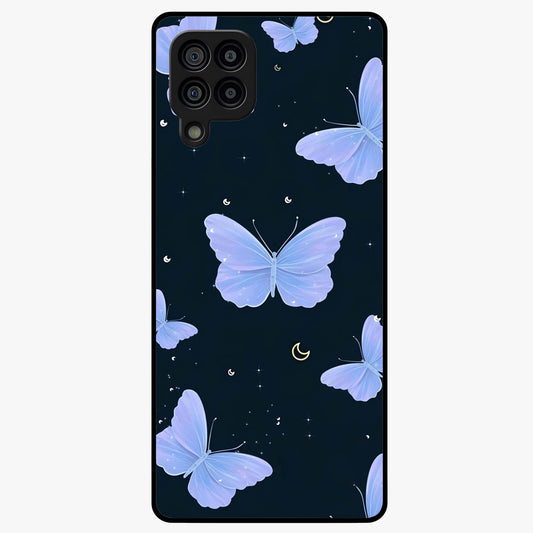 Butterfly With Stars Pattern Glass Case showing flat back view with butterfly and star pattern artwork and glossy glass finish.