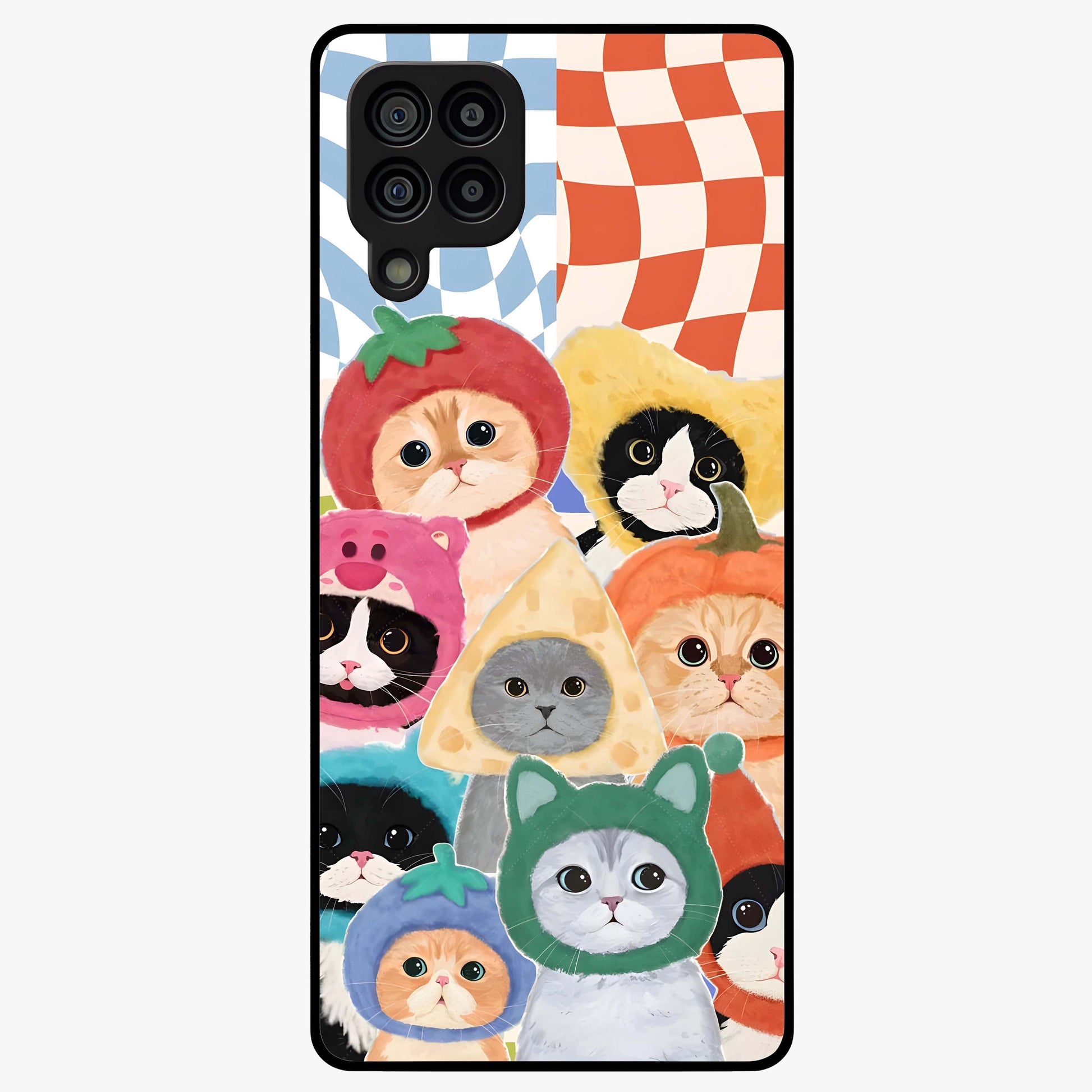 Cats in Fruits Glass Case showing flat back view with playful cat illustrations inside fruit artwork and glossy glass finish.