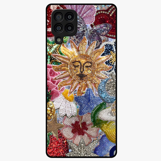 Celestial Floral and Playful Glass Case showing flat back view with floral and celestial themed artwork and glossy glass finish.
